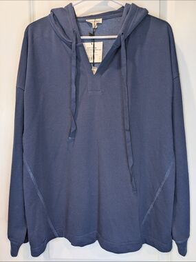 NWT Cotton Bleu Blue Hooded Pullover Top Medium Soft Knit Casual Hoodie
